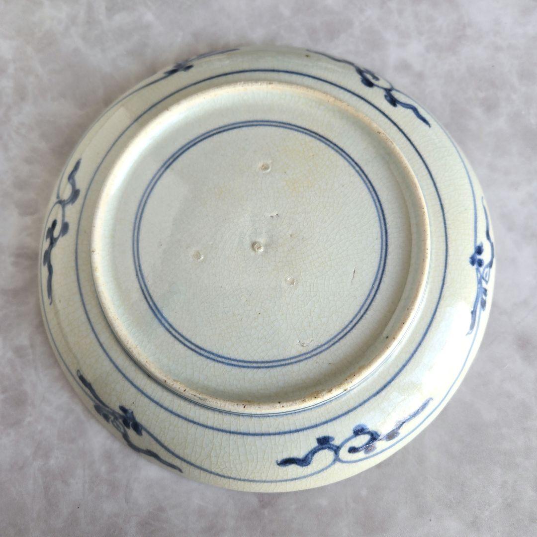 古伊万里　染付　七寸皿　江戸時代　蛸唐草　コンニャク印判　龍　骨董　金継ぎ