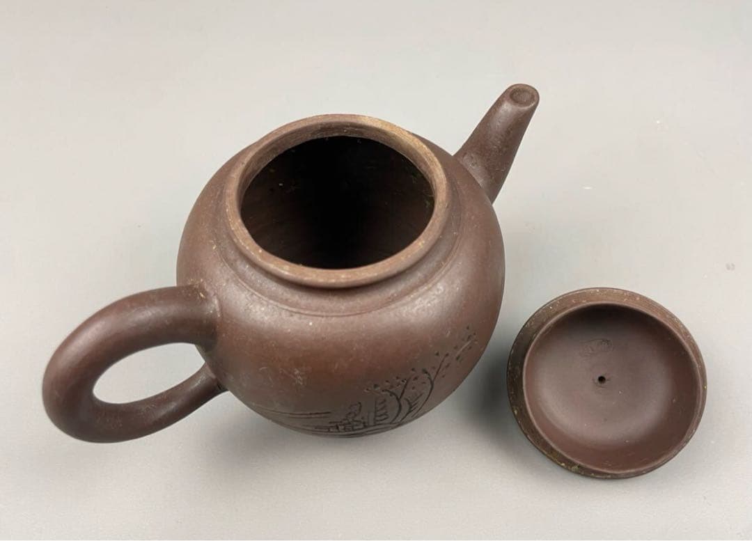 朱泥急須 漢詩山水紋刻 後手急須 煎茶道具 紫砂壷 茶壺 茶器 唐物 紫砂