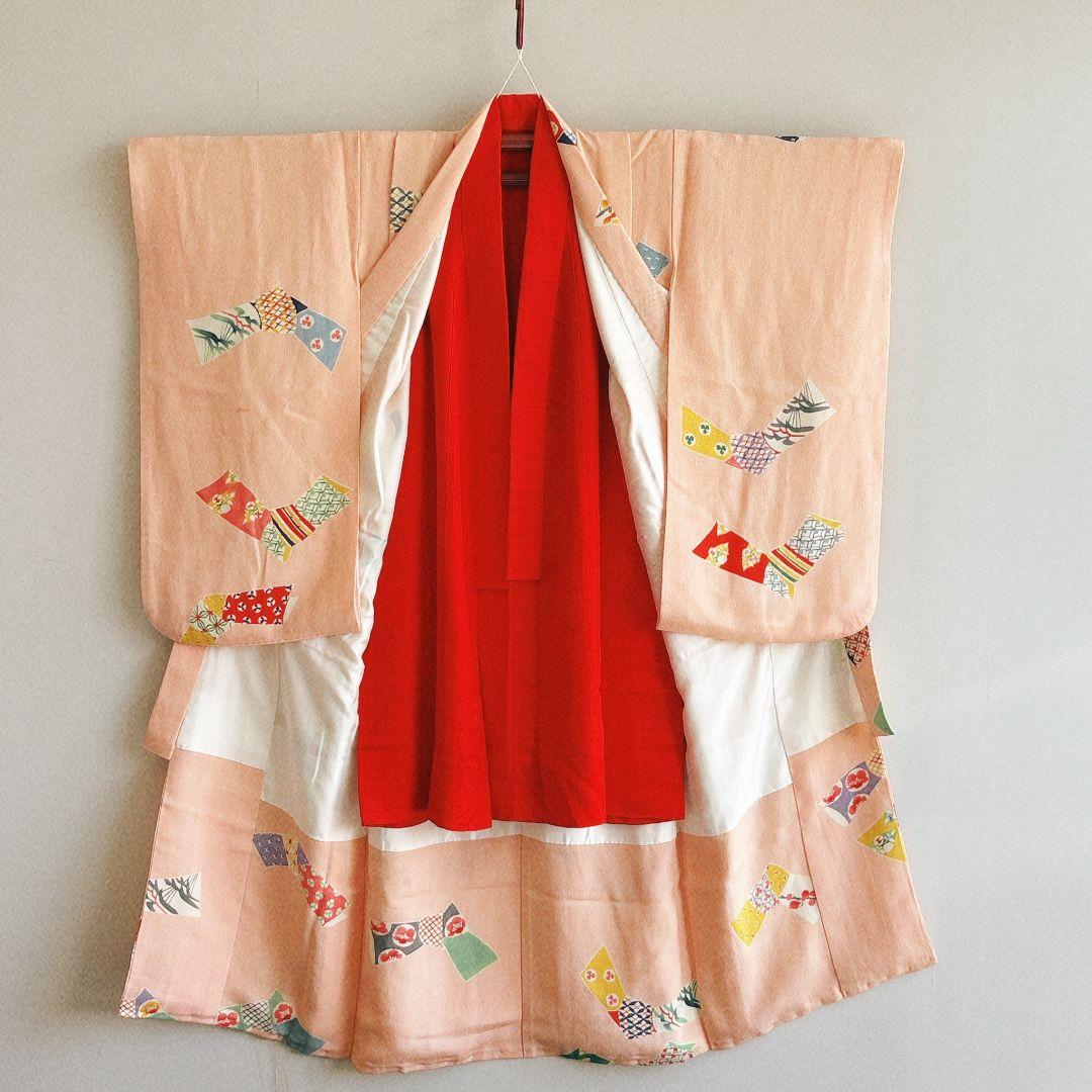 セット　七五三７歳女の子　昭和レトロ　ピンク　ピンク地丸帯　袖なし長襦袢7098