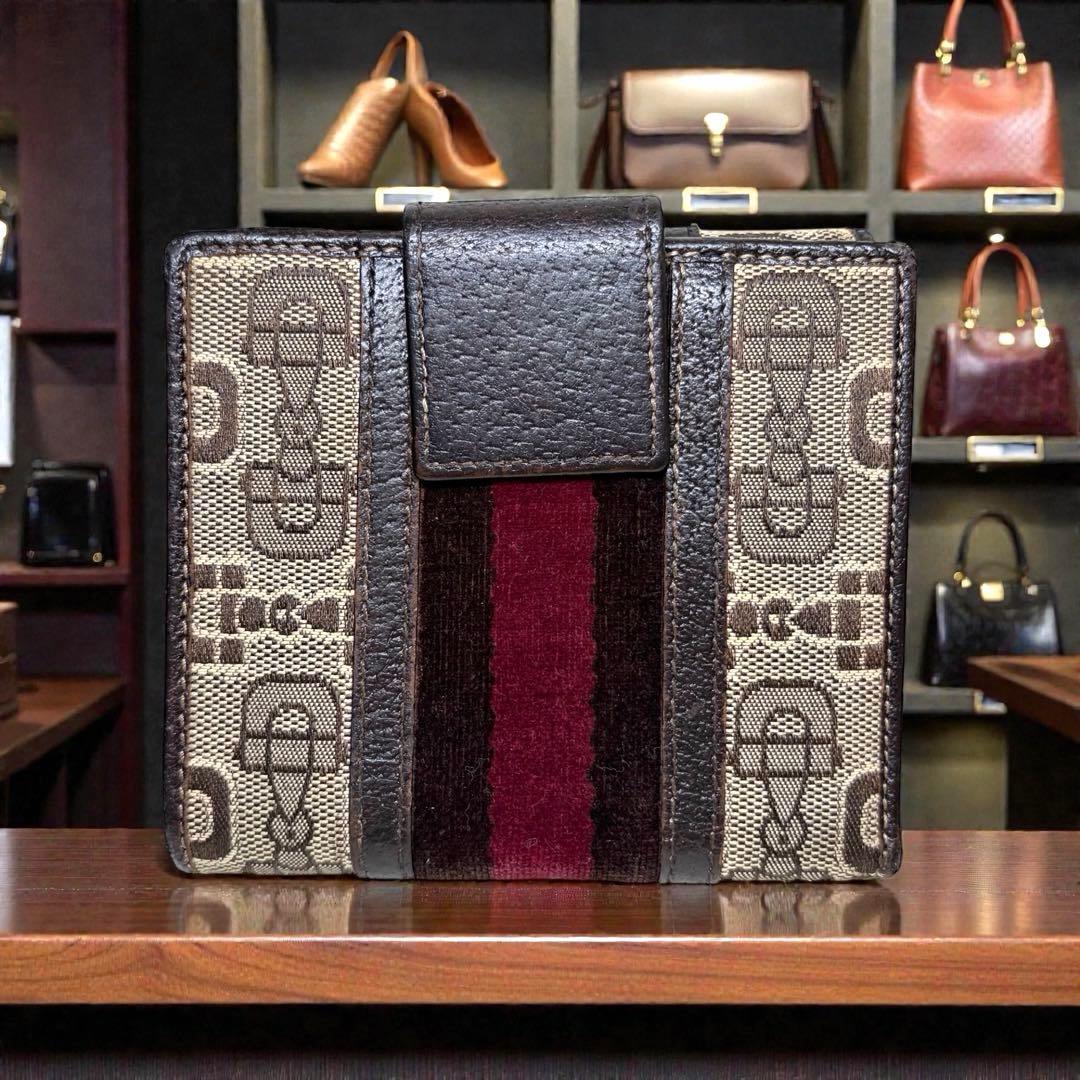 希少　GUCCI グッチ キャンバス レザー 折り財布 ウォレット ブラウン
