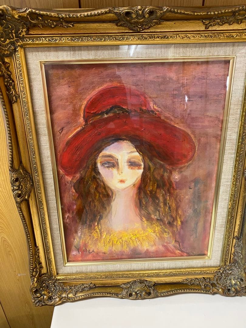 印象派風 女性の肖像画 赤い帽子　額無し