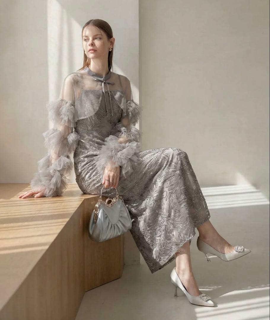 Leja フリルチュールスリーブリボンIラインワンピースドレス S タグ付き