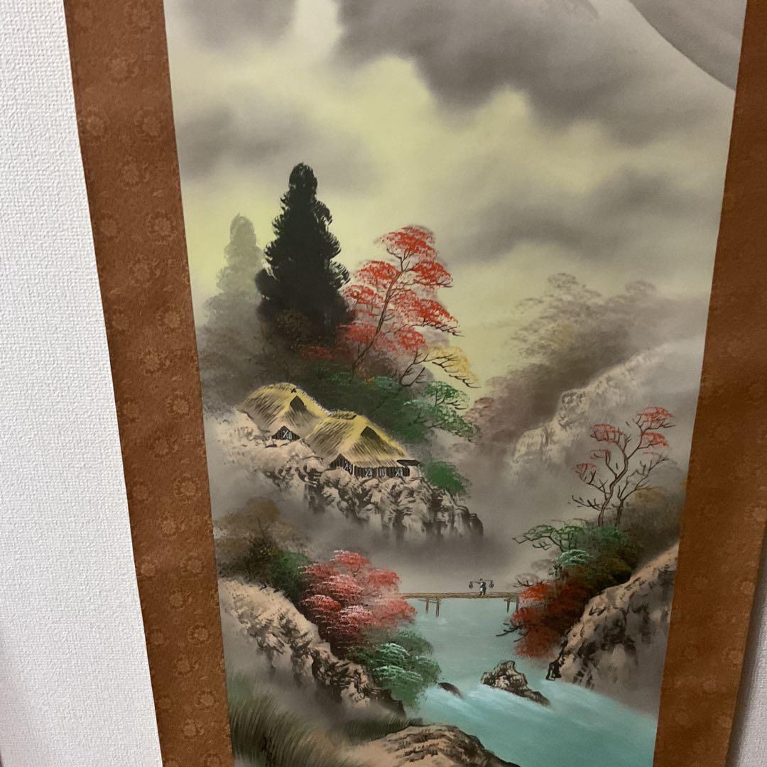 松泉筆 絹本彩色山水図 肉筆画 落款印譜在 桐箱 タトウ箱付