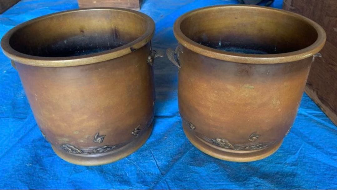 宜徳銅　千鳥模様　火鉢　奥村　菊光堂　２つセット