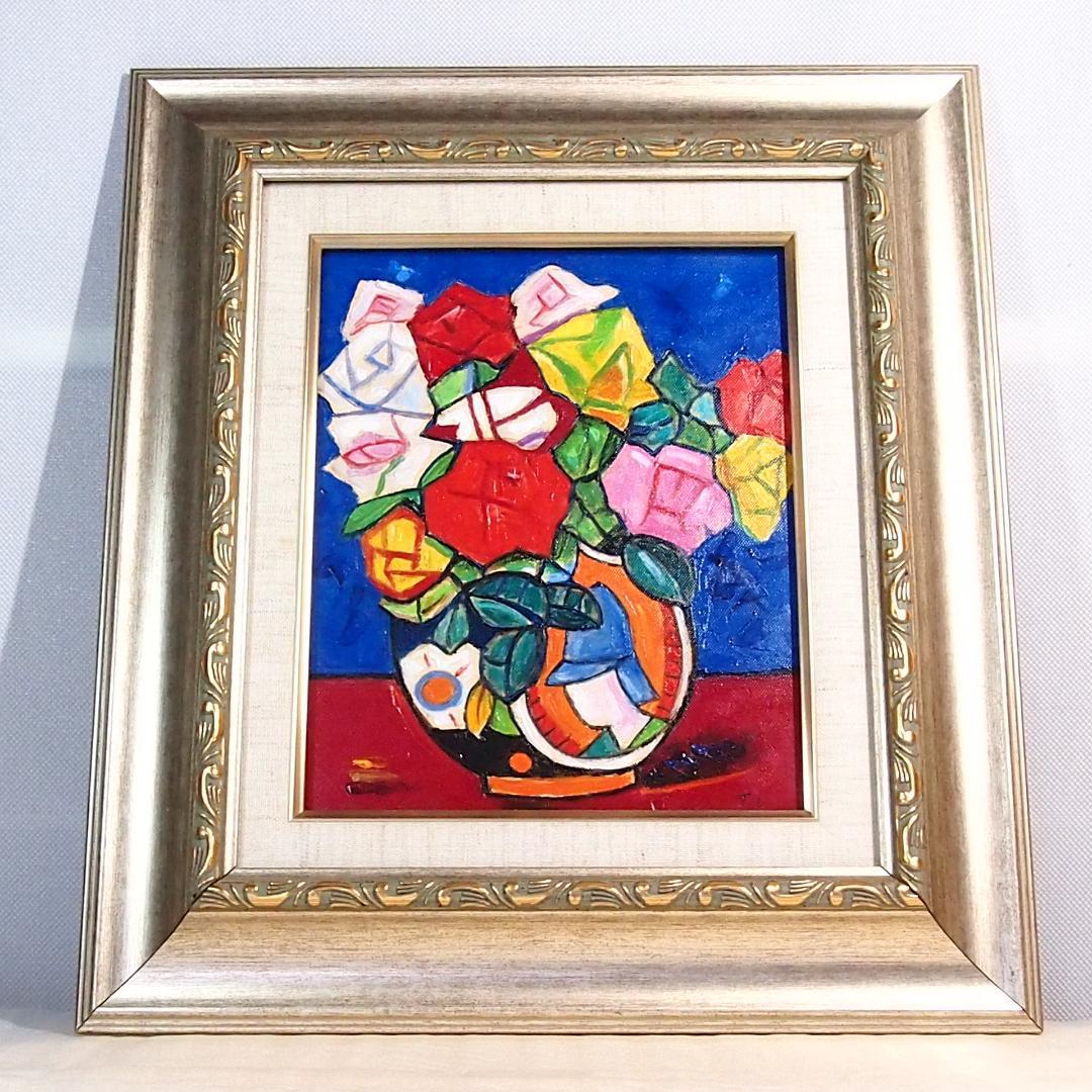 【美品】油彩画/油絵 市村司「ばら」薔薇/バラ 額付き アート/絵画/オブジェ