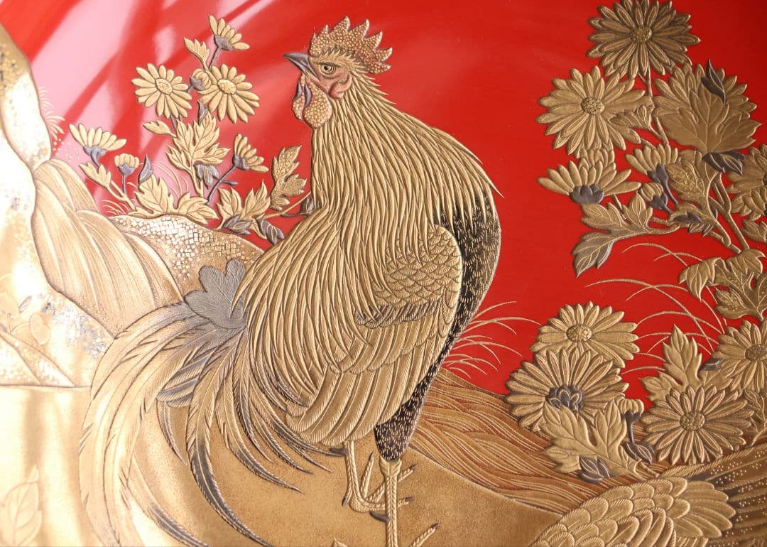 【MB183】加賀蒔絵 花鳥本金蒔絵 大盃 盃台 天然木漆塗 鶏 松竹梅 鶴霊芝