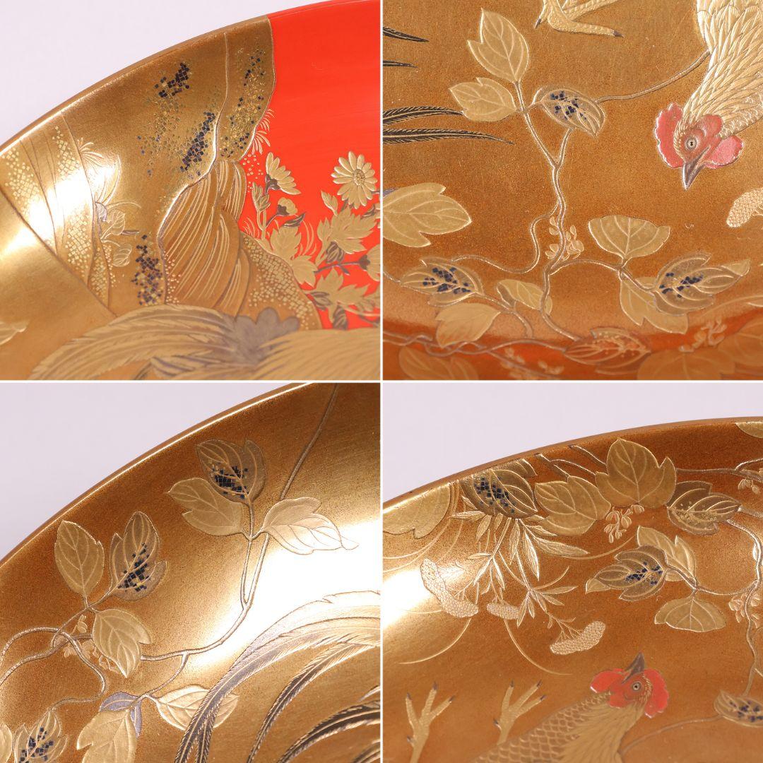 【MB183】加賀蒔絵 花鳥本金蒔絵 大盃 盃台 天然木漆塗 鶏 松竹梅 鶴霊芝