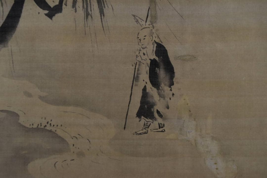 【真作】狩野洞雲/川柳に人物図/僧侶/横物/掛軸/名家伝来/Z-861