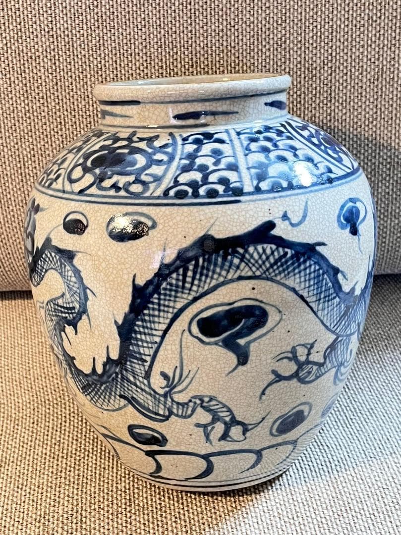 中国古玩 青花磁 元染 染付 雲龍紋 壺 花瓶 高約21cm 唐物 時代物 置物