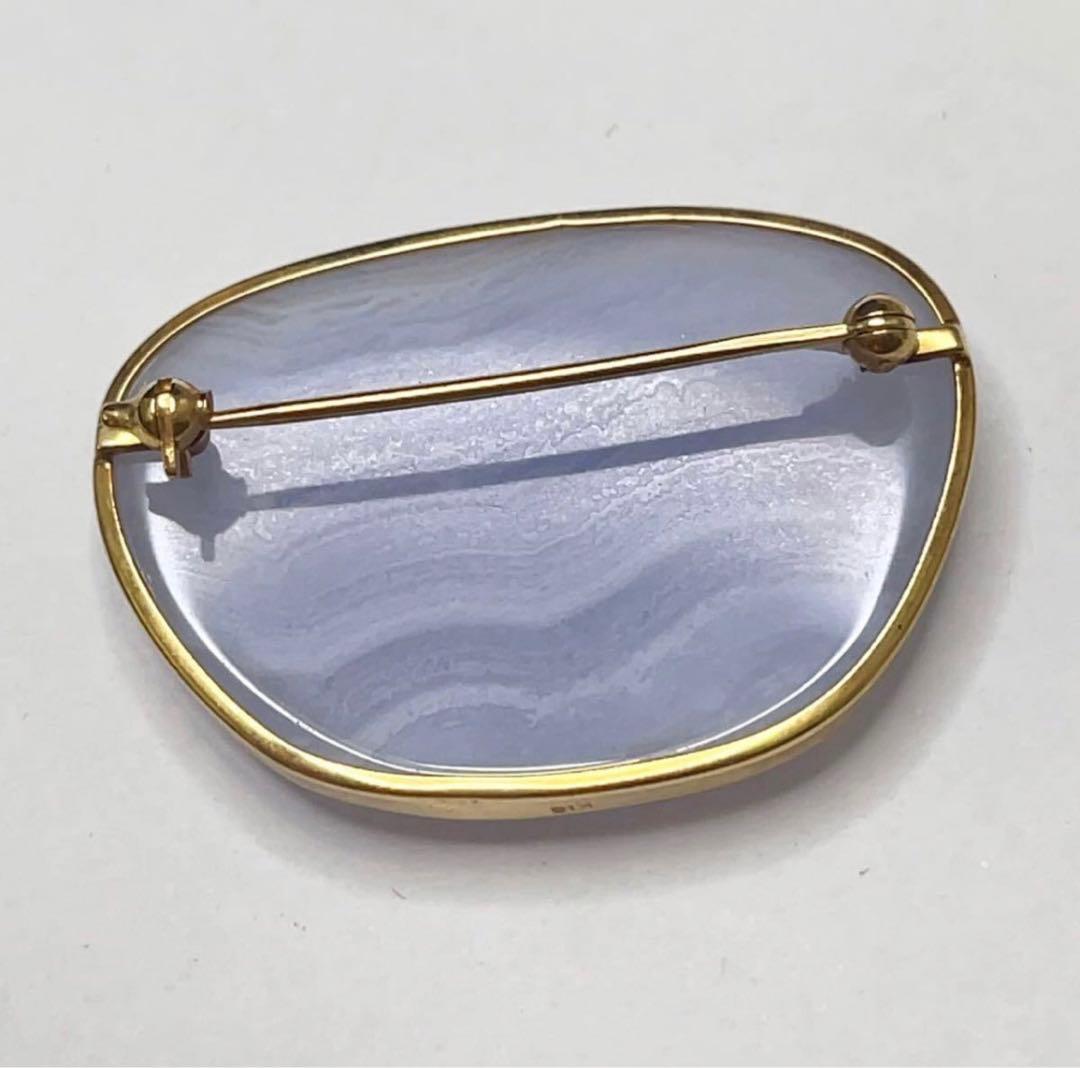 美品 天然石 ブルーレースアゲート 瑪瑙 K18枠 18金 ブローチ
