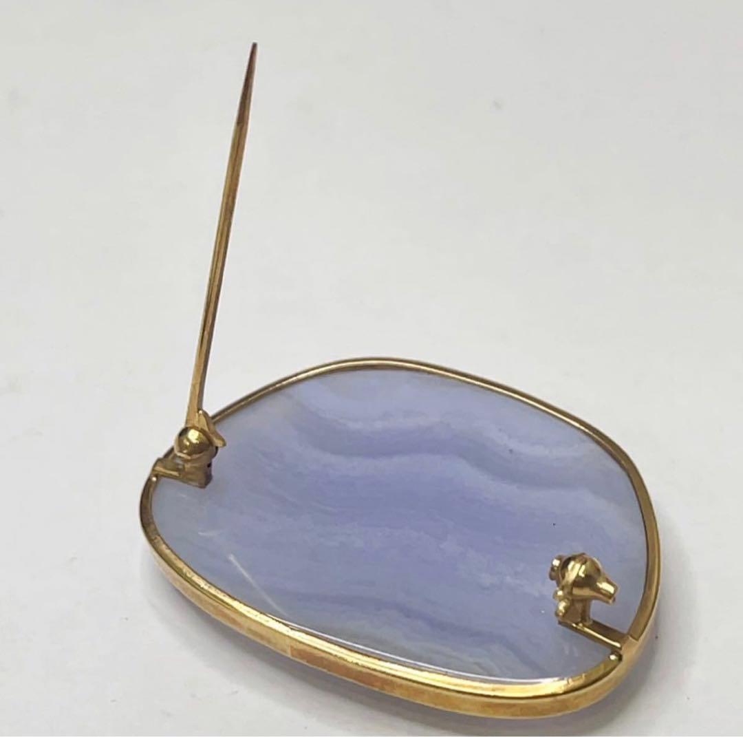 美品 天然石 ブルーレースアゲート 瑪瑙 K18枠 18金 ブローチ