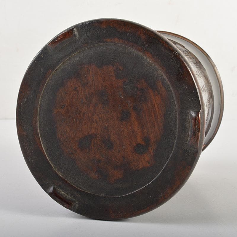 中国　古竹彫刻　黒漆　漢詩人物文　筆筒　時代箱付　G　R7384