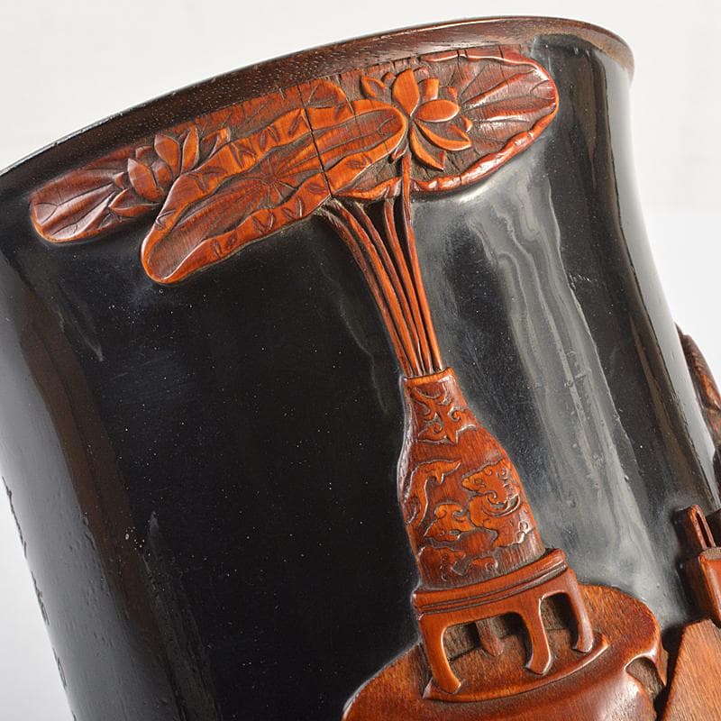 中国　古竹彫刻　黒漆　漢詩人物文　筆筒　時代箱付　G　R7384