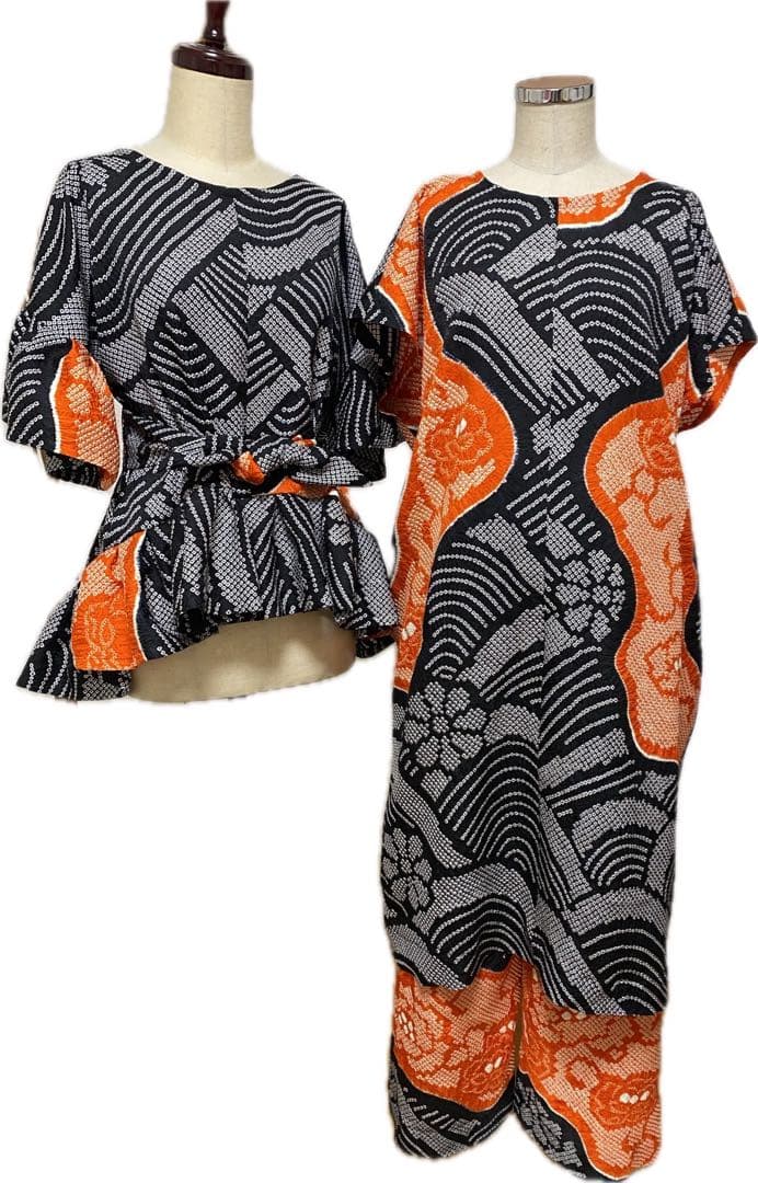 総絞り　着物振り袖リメイク正絹　チュニック　パンツ　ワンピース未使用　3点セット