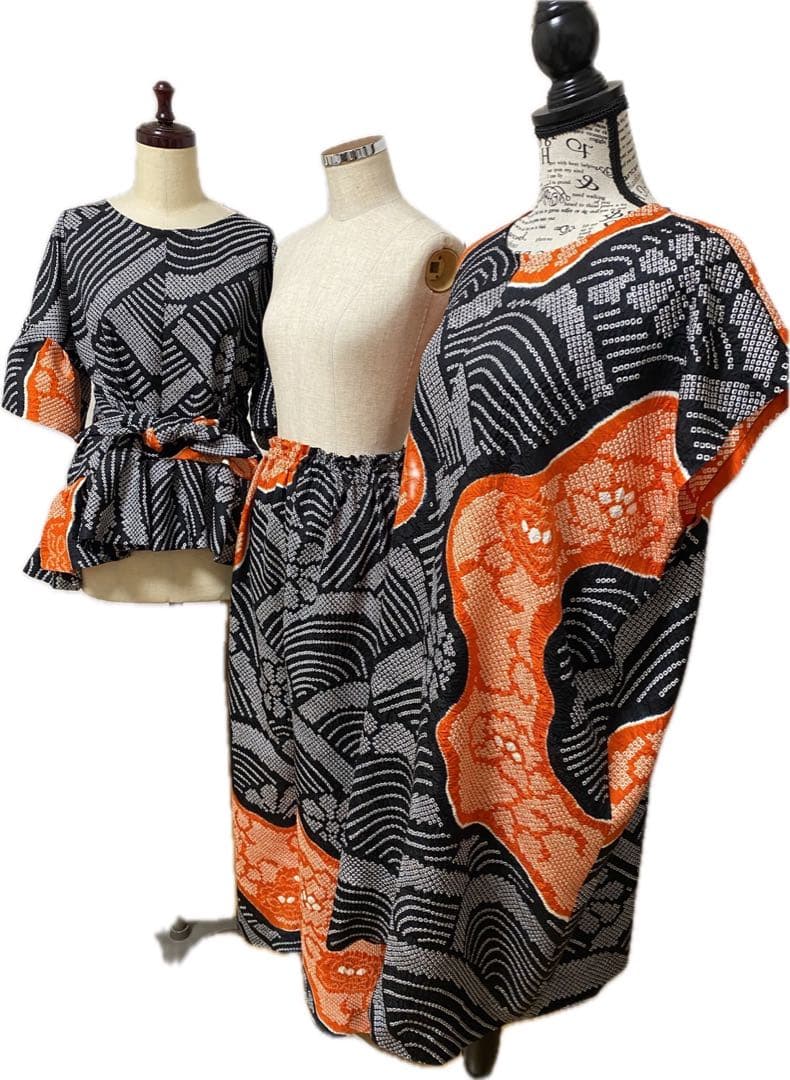 総絞り　着物振り袖リメイク正絹　チュニック　パンツ　ワンピース未使用　3点セット