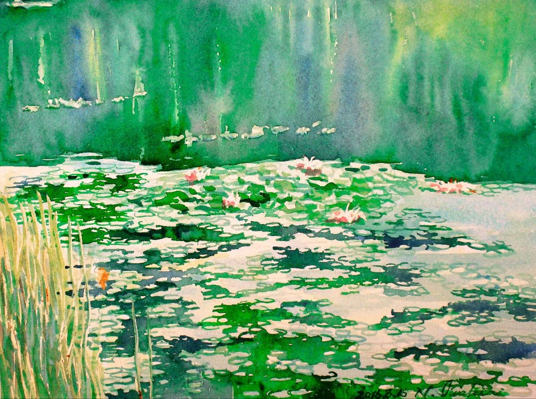 水彩画「池の水草」