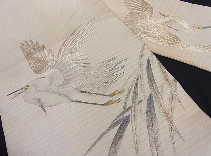 鷺　刺繍QJLLB 特選古美術　正絹夏帯　日本刺繍　アンティーク　九寸名古屋帯