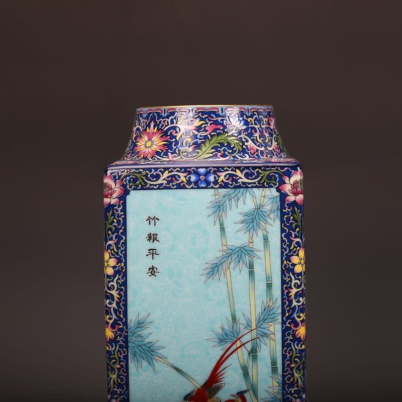 琺瑯彩花鳥紋四角瓶  工芸品 美術品 置物