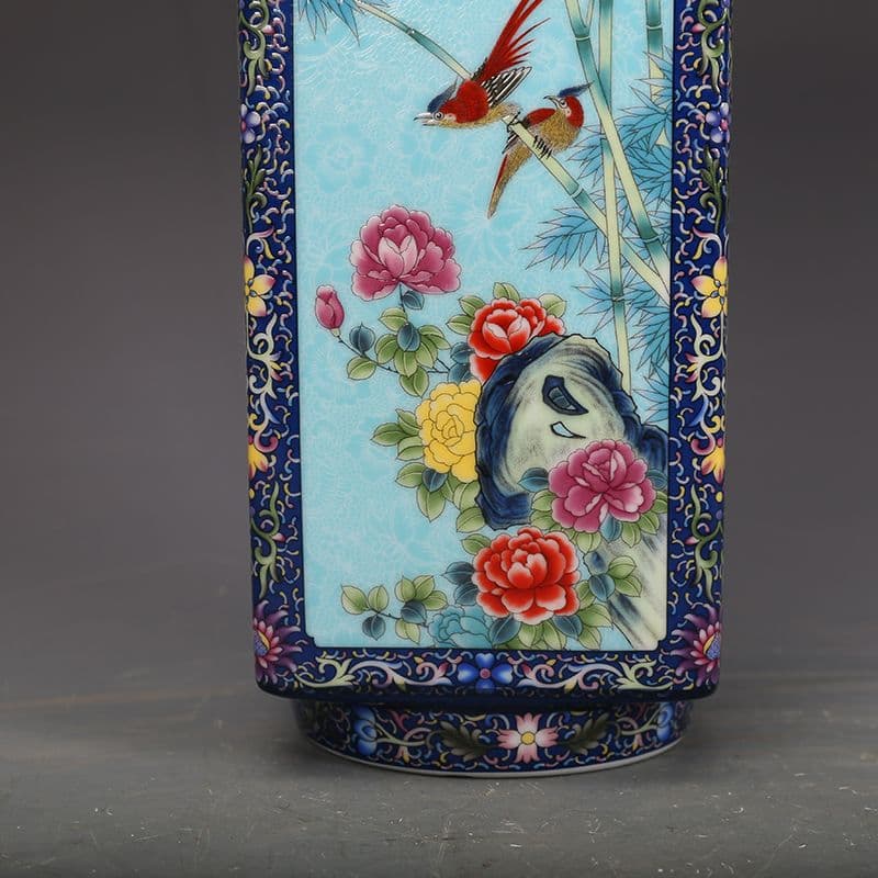 琺瑯彩花鳥紋四角瓶  工芸品 美術品 置物