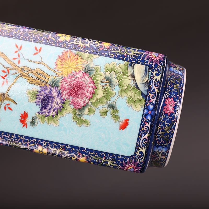 琺瑯彩花鳥紋四角瓶  工芸品 美術品 置物