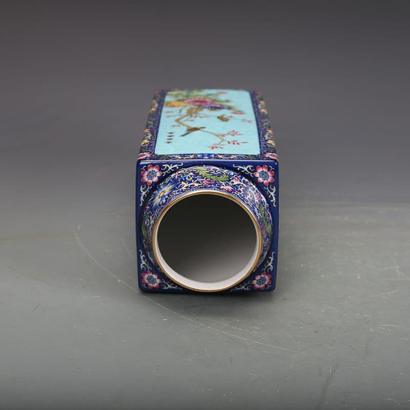 琺瑯彩花鳥紋四角瓶  工芸品 美術品 置物