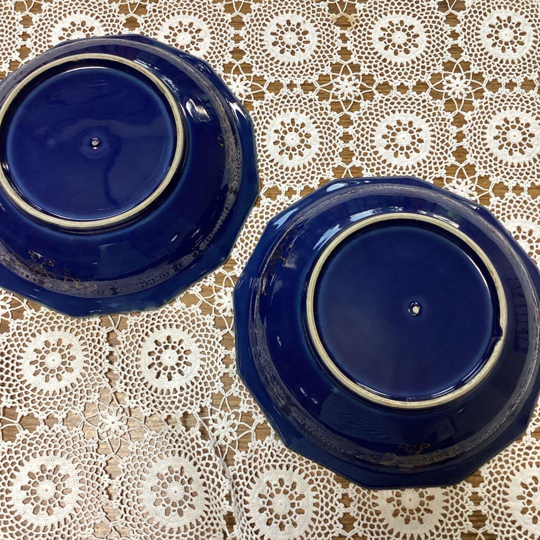 k19 菓子器　菓子鉢　2入　　青い陶器皿 金色の花模様　年代物