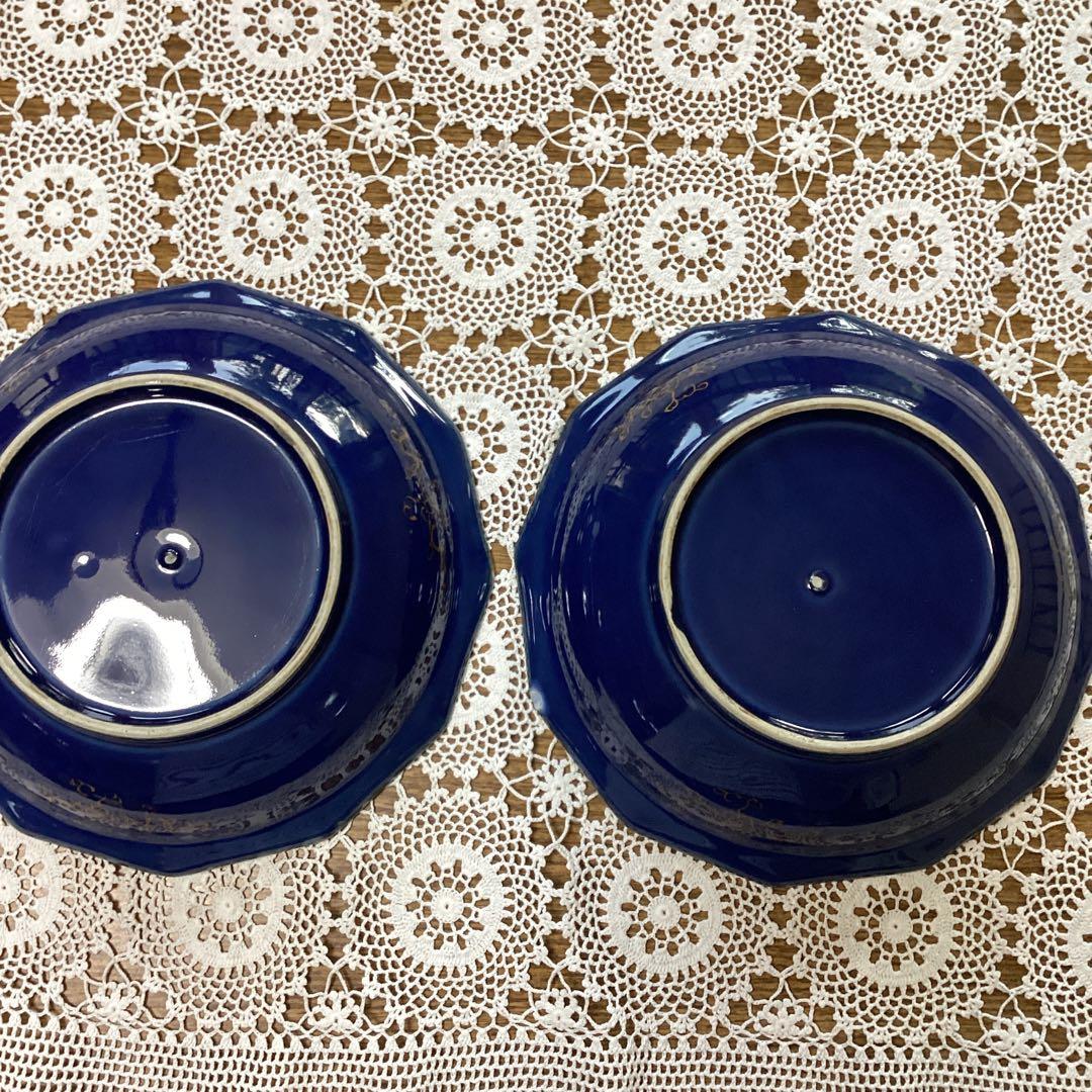 k19 菓子器　菓子鉢　2入　　青い陶器皿 金色の花模様　年代物
