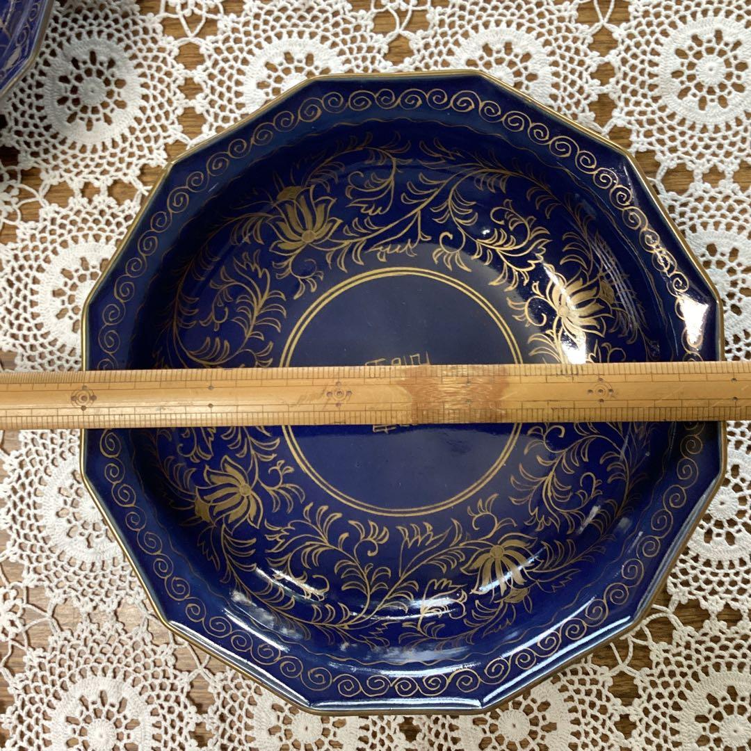 k19 菓子器　菓子鉢　2入　　青い陶器皿 金色の花模様　年代物