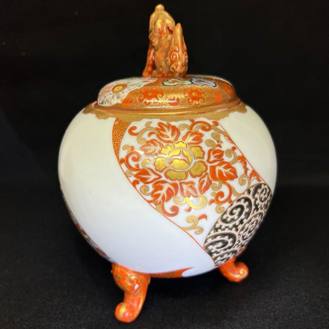 明治時代　九谷焼　金蘭手獅子香炉　木箱付　高約20㎝東Y7-1224☆2Fタサニ