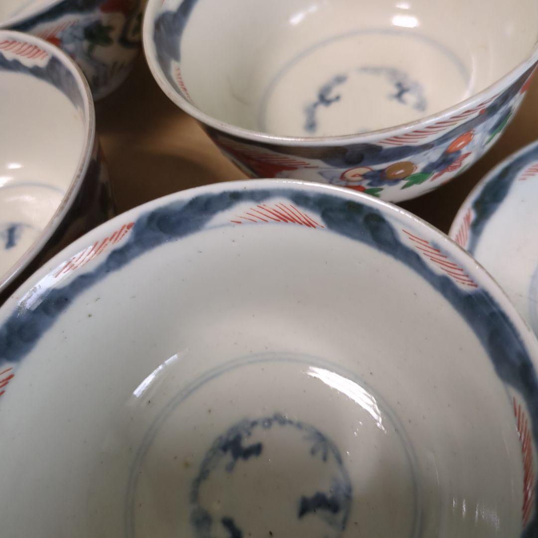 苺大福　骨董 伊万里 古伊万里 蓋茶碗 色絵 煮物碗 飯碗 6つ〜