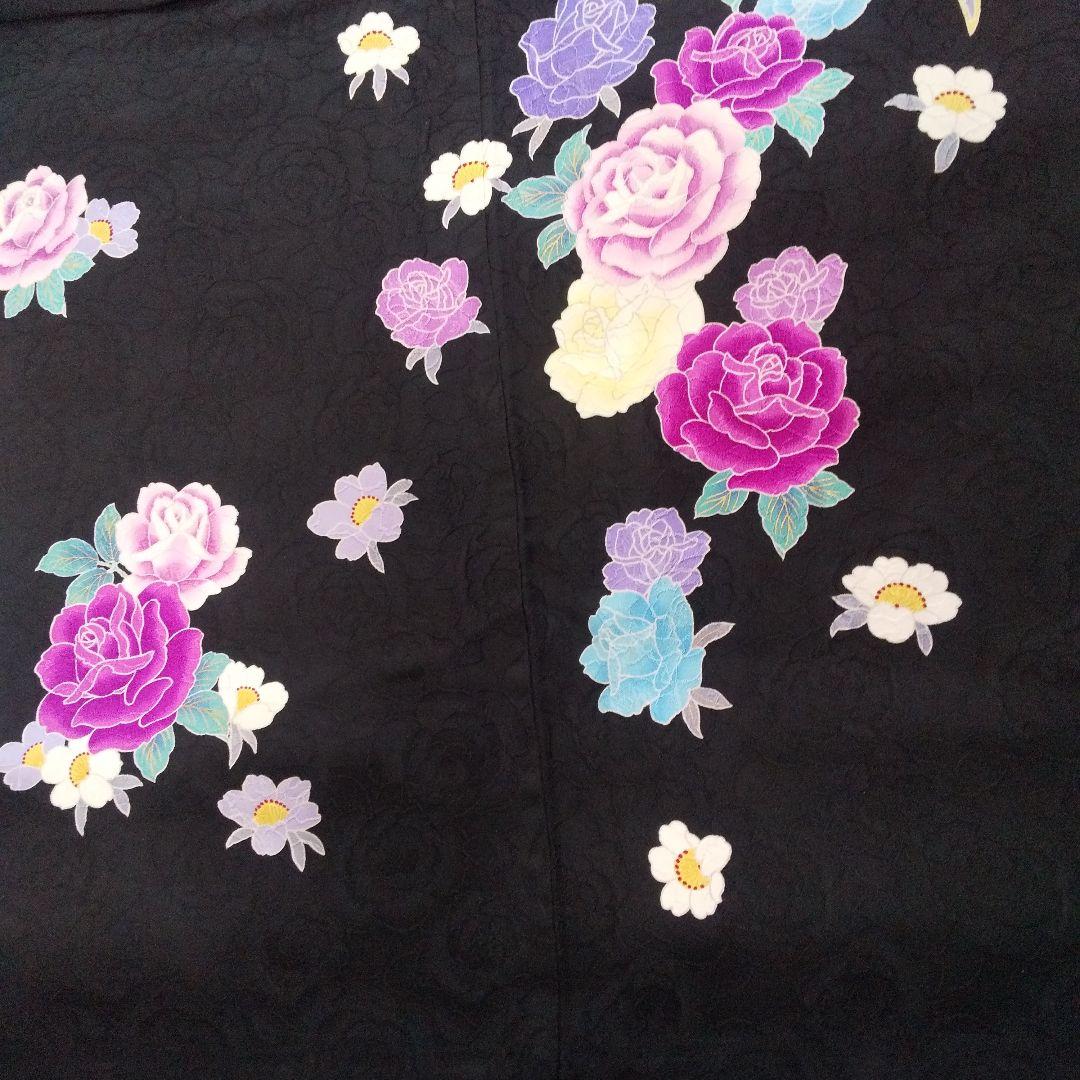 ++++黒紫薔薇正絹振袖一式フルセット袋帯帯締め帯揚げ半襟 重ね襟他成人式