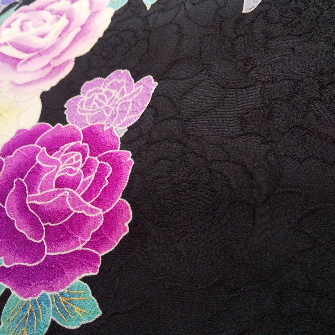 ++++黒紫薔薇正絹振袖一式フルセット袋帯帯締め帯揚げ半襟 重ね襟他成人式