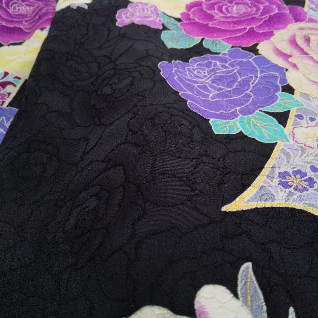 ++++黒紫薔薇正絹振袖一式フルセット袋帯帯締め帯揚げ半襟 重ね襟他成人式