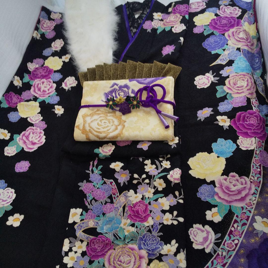 ++++黒紫薔薇正絹振袖一式フルセット袋帯帯締め帯揚げ半襟 重ね襟他成人式