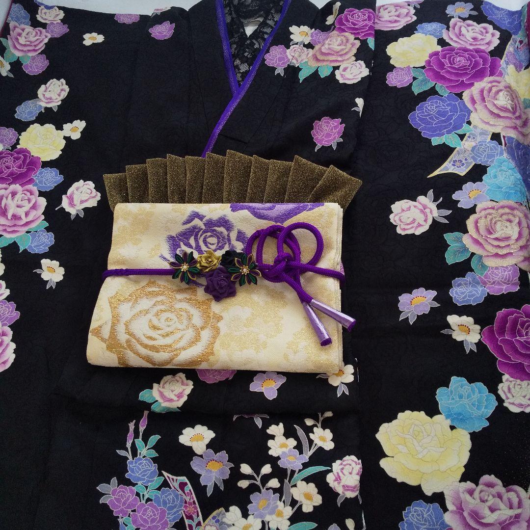 ++++黒紫薔薇正絹振袖一式フルセット袋帯帯締め帯揚げ半襟 重ね襟他成人式