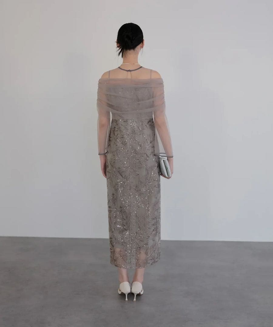 Leja チュールオフショルダー花柄Iライン 結婚式 お呼ばれ 刺繍 シアー