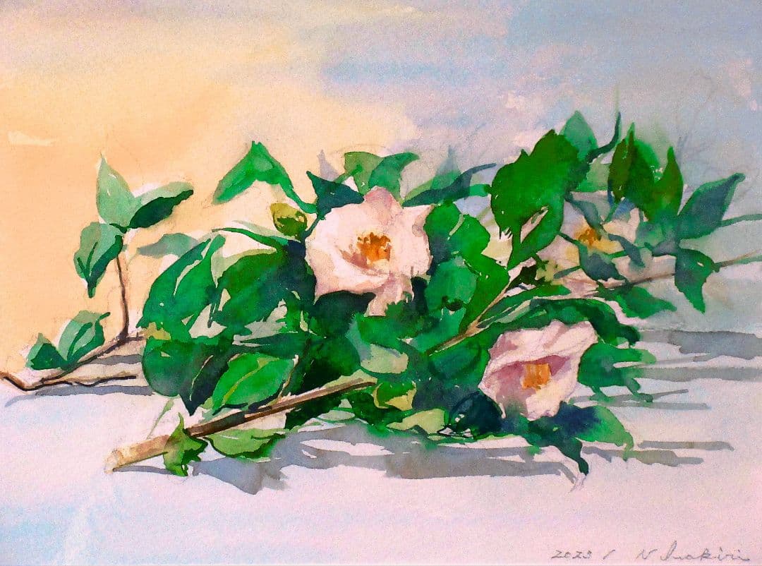 椿の 花の水彩画 フレーム付き