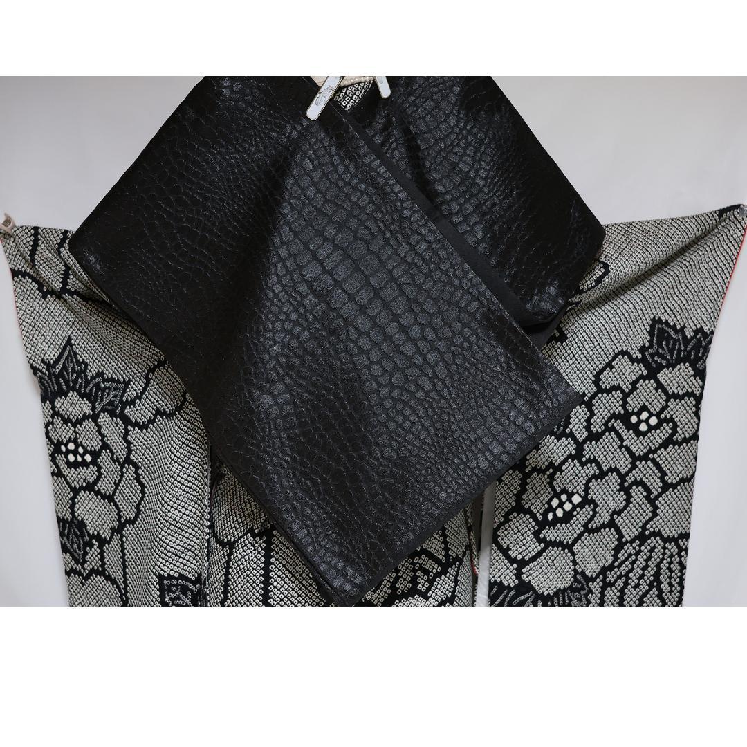 人気総絞り！◆振袖と帯の２点セット！ 小柄な方に・丈152cm ◆黒SD08