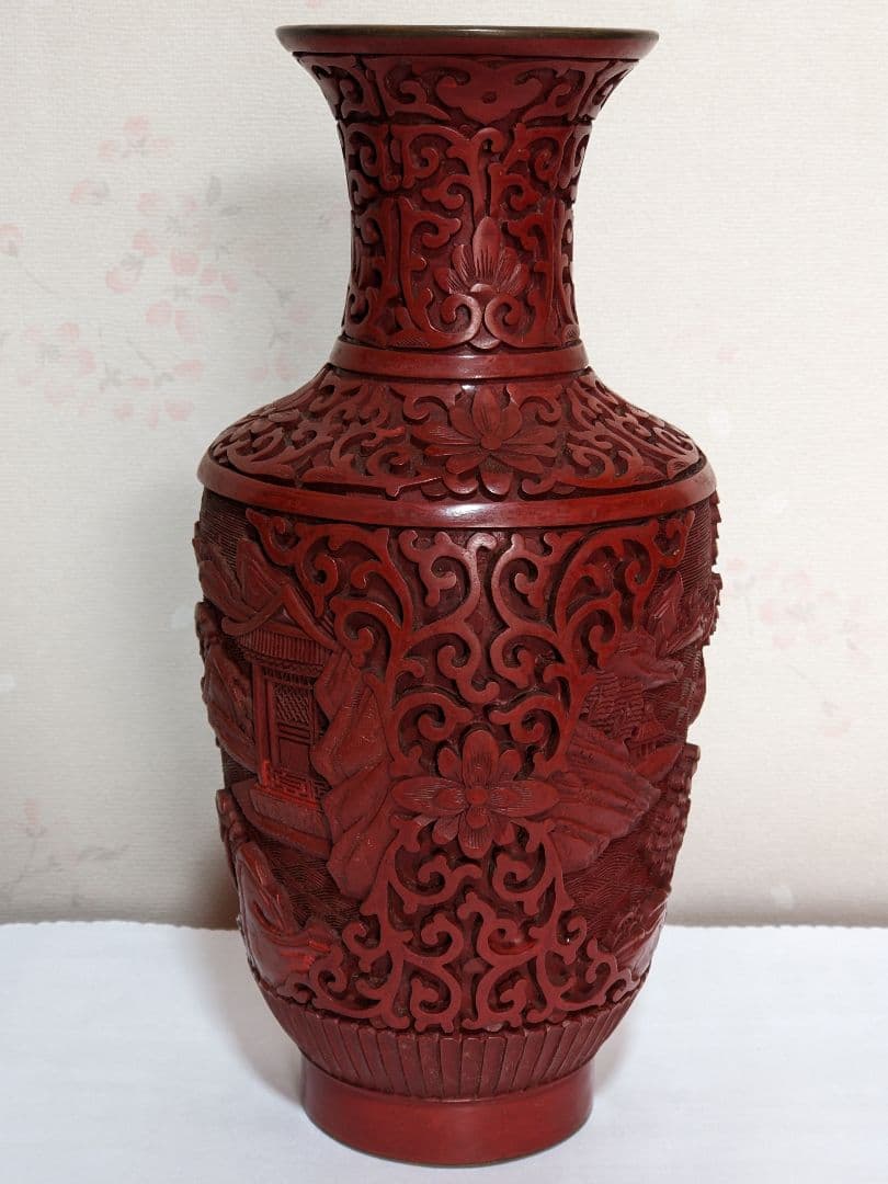 ♦中国 美術工芸品 堆朱 彫漆 楼閣山水図瓶 花瓶コレクション骨董品アンティーク