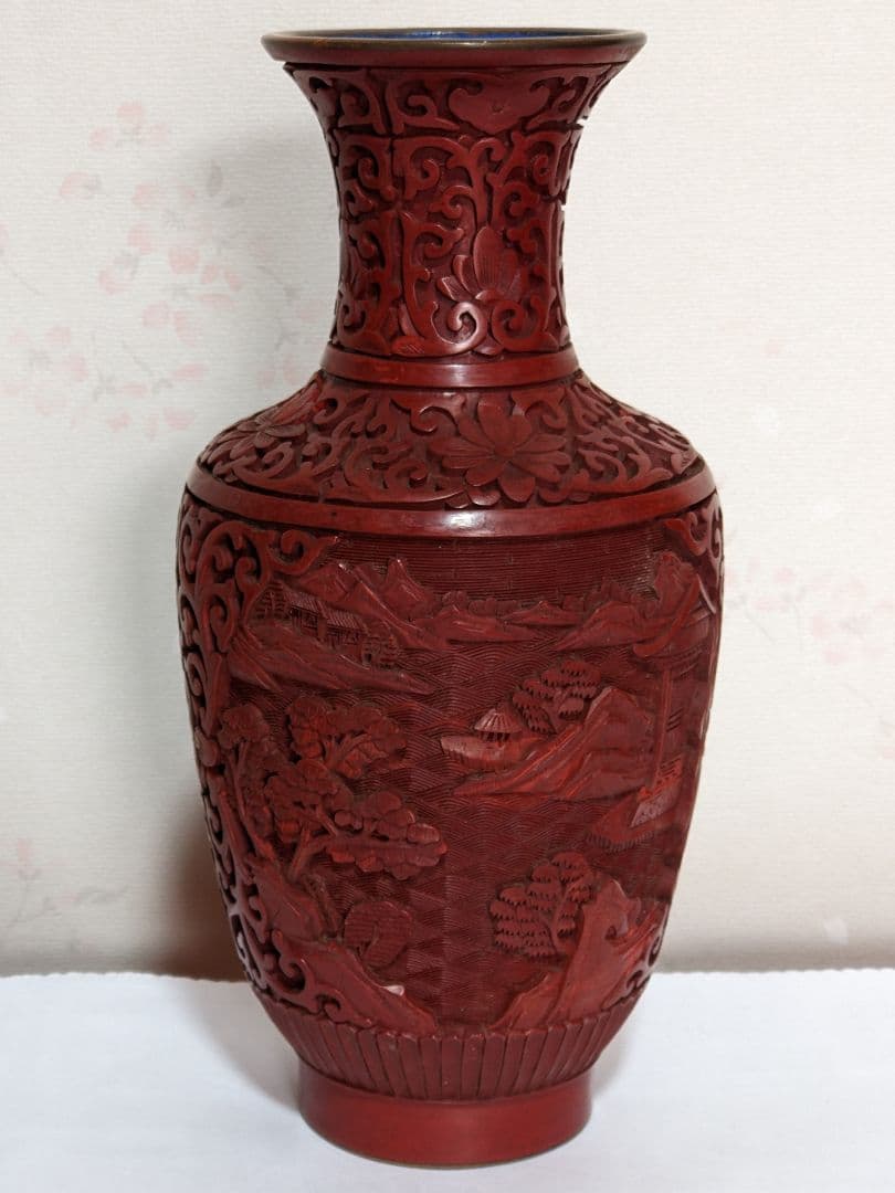 ♦中国 美術工芸品 堆朱 彫漆 楼閣山水図瓶 花瓶コレクション骨董品アンティーク