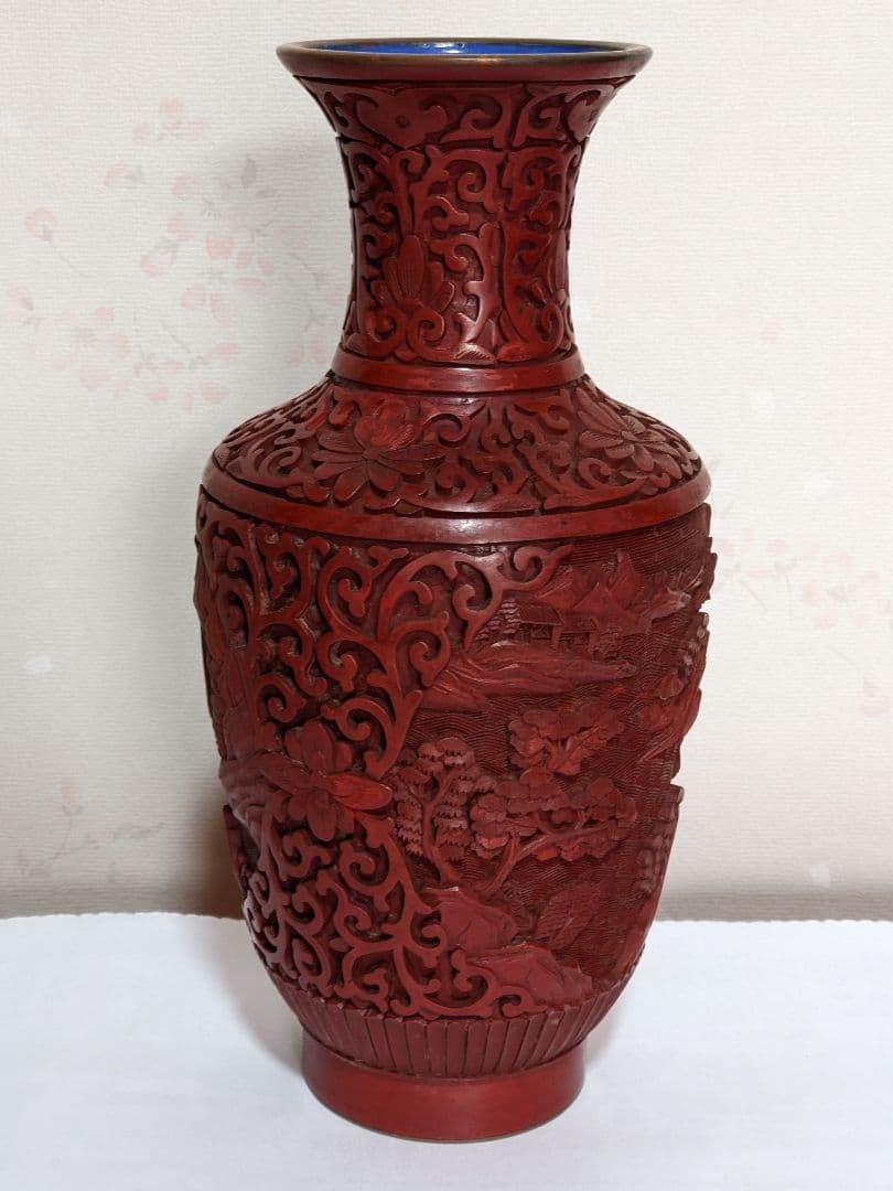 ♦中国 美術工芸品 堆朱 彫漆 楼閣山水図瓶 花瓶コレクション骨董品アンティーク