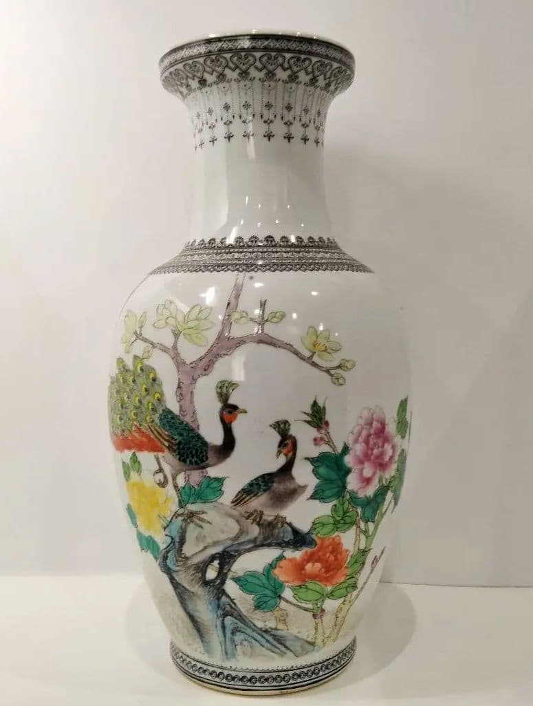 Ｘ102　時代品　景徳鎮花瓶　漢詩　花鳥図　BB