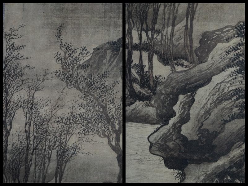 【複製】明 唐寅『歩渓図』絹本掛軸 茶室掛 共箱 故宮博物院監製 山水図 時代物