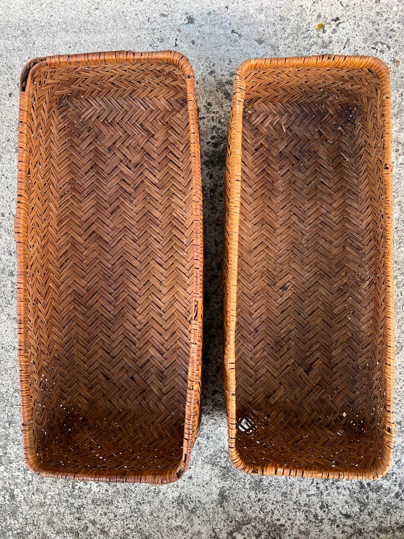 行李 茶箱 弁当箱 文箱 古道具 竹籠 竹かご すず竹 蓋物 古民具 飴色 3