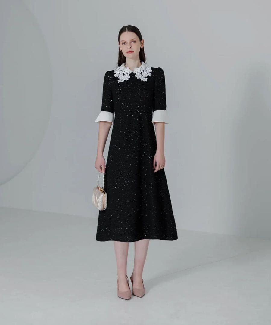 【leja】花柄レースカラースパンコールAラインワンピースドレス