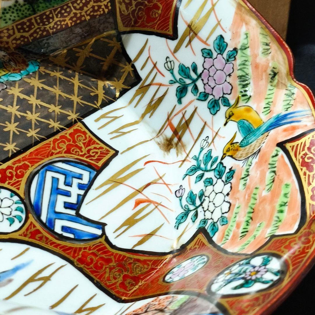 古九谷焼 八角鉢 庄三作 手描き 山水人物文 桐箱 旧家蔵出 コレクター放出美品