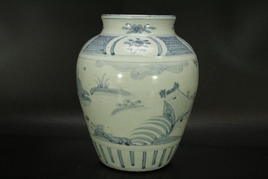 中国美術 青花 染付 人物紋 壷 高23.5cm(LC642)