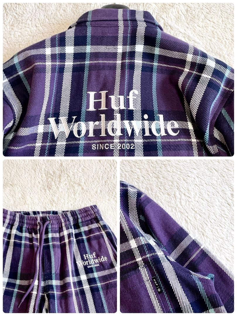 美品 HUF ハフ チェック セットアップ ジャケット パンツ パープル ロゴ