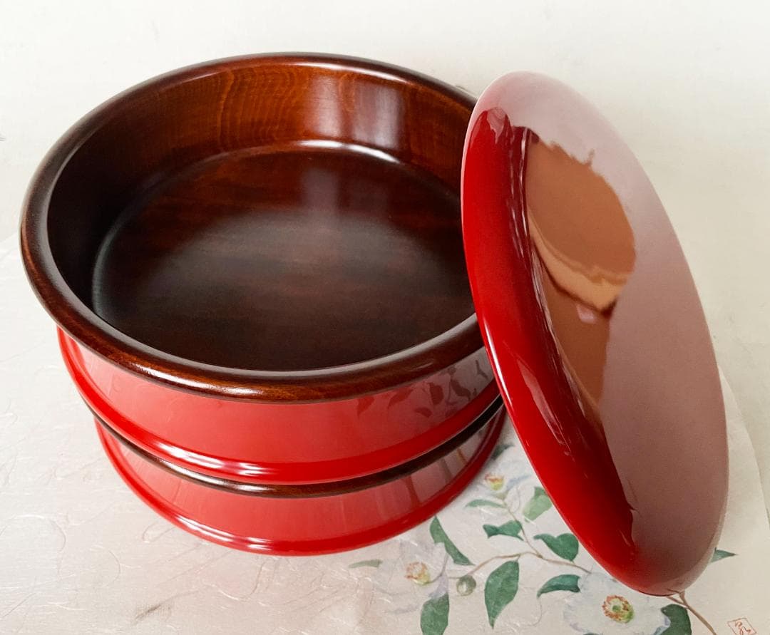 国産 木製 重箱 おせち 本漆塗 つづみ型 丸二段重 6寸 18cm 朱塗すり漆