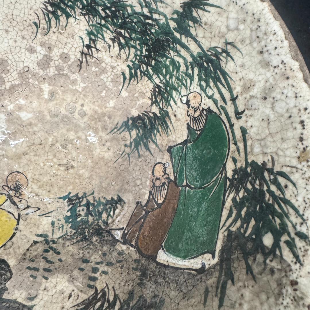 明治時代 犬山焼 竹林賢人雲錦手文様 骨董品 茶碗 キズあり